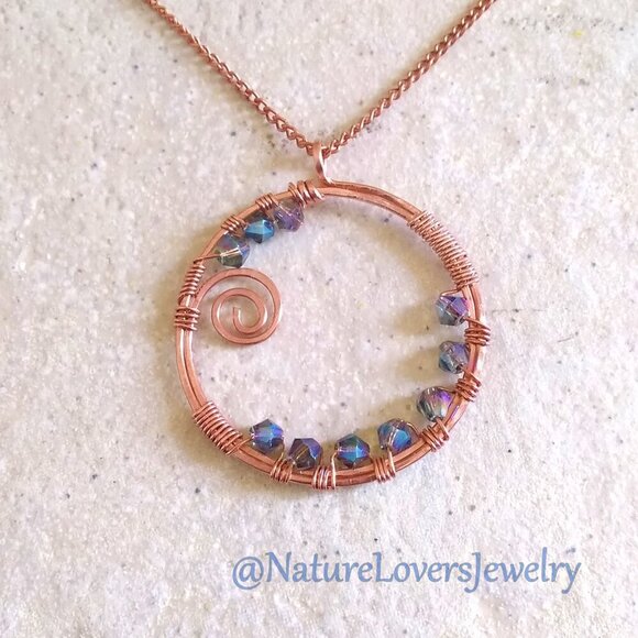 Handmade & Wire Wrapped! Bohemian Crystal Studded Copper Circle Pendant + Chain! - Picture 2 of 10